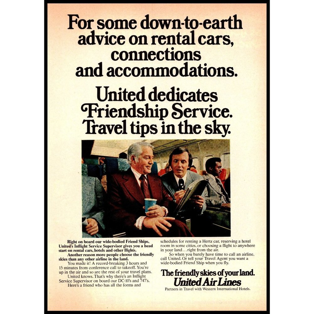 1974 United Air Lines Wide Body Jet Friend Ships Vintage Print Ad Wall Art